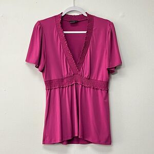 BCBG Women's Pink Flutter Ruffle Bodydoll Top V-Neck Blouse Size Large